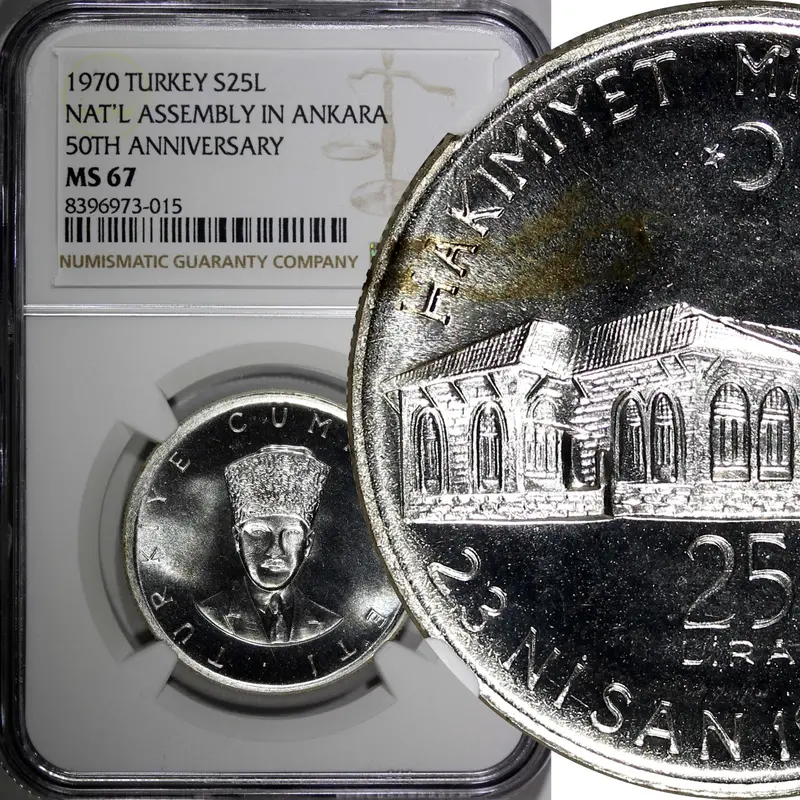 Turkey Silver PROOF 1970 25 Lira NGC MS67 Ankara TOP GRADED FLASHY KM# 897 (015)