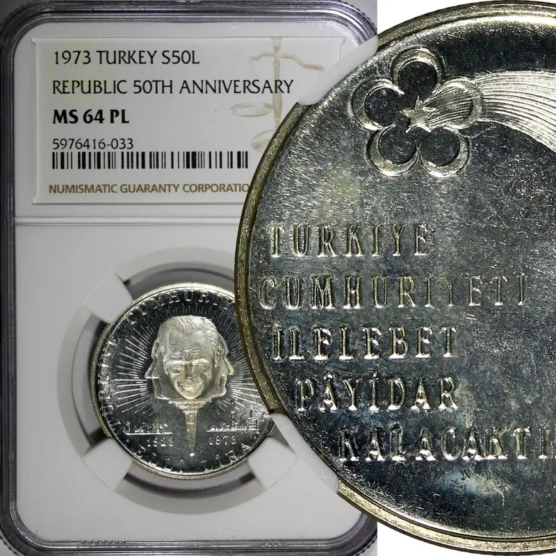 Turkey Silver Proof Like  1973 50 Lira NGC MS64 PL Republic Annivers.KM# 902 (3)