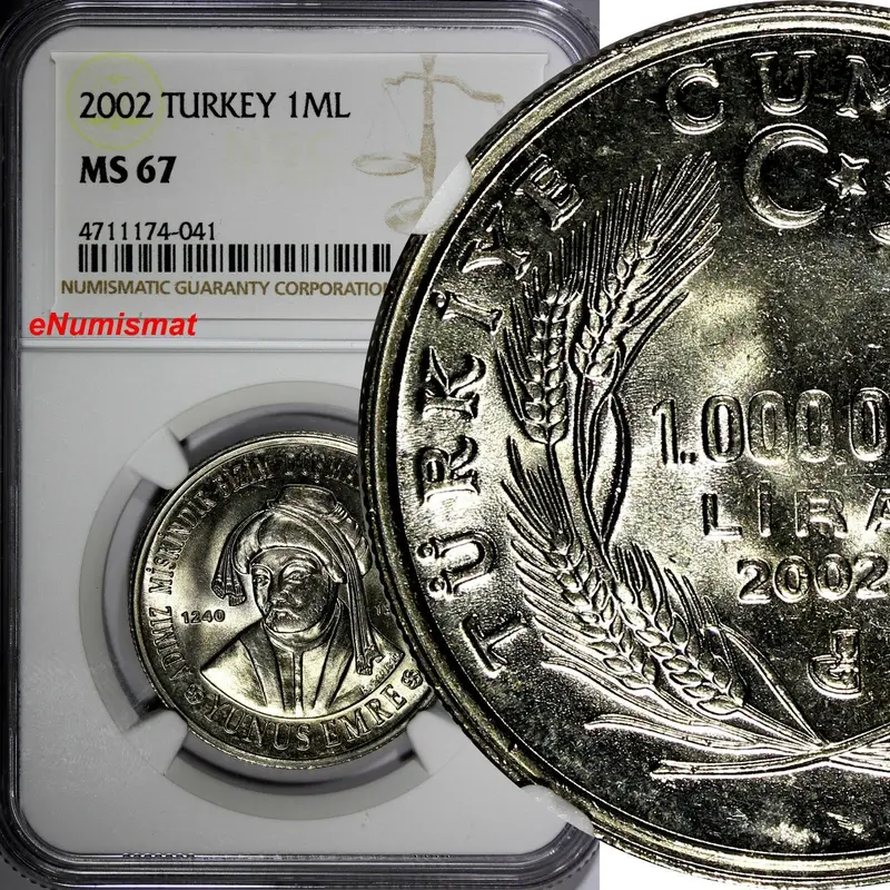 Turkey Yunus Emre 2002  1 000 000 Lira NGC MS67 TOP GRADED BY NGC KM# 1163