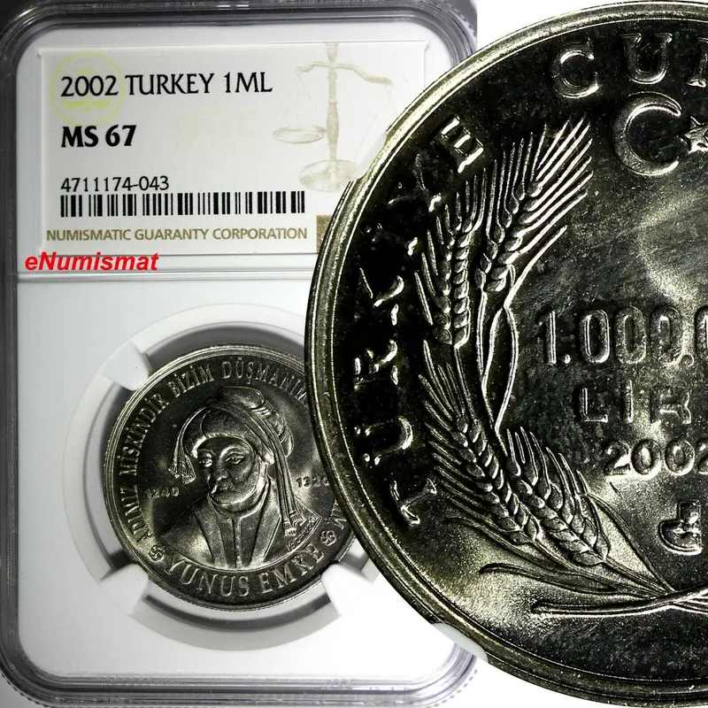 Turkey Yunus Emre Copper-Nickel 1 000 000 Lira NGC MS67 TOP GRADED BY NGC KM1163